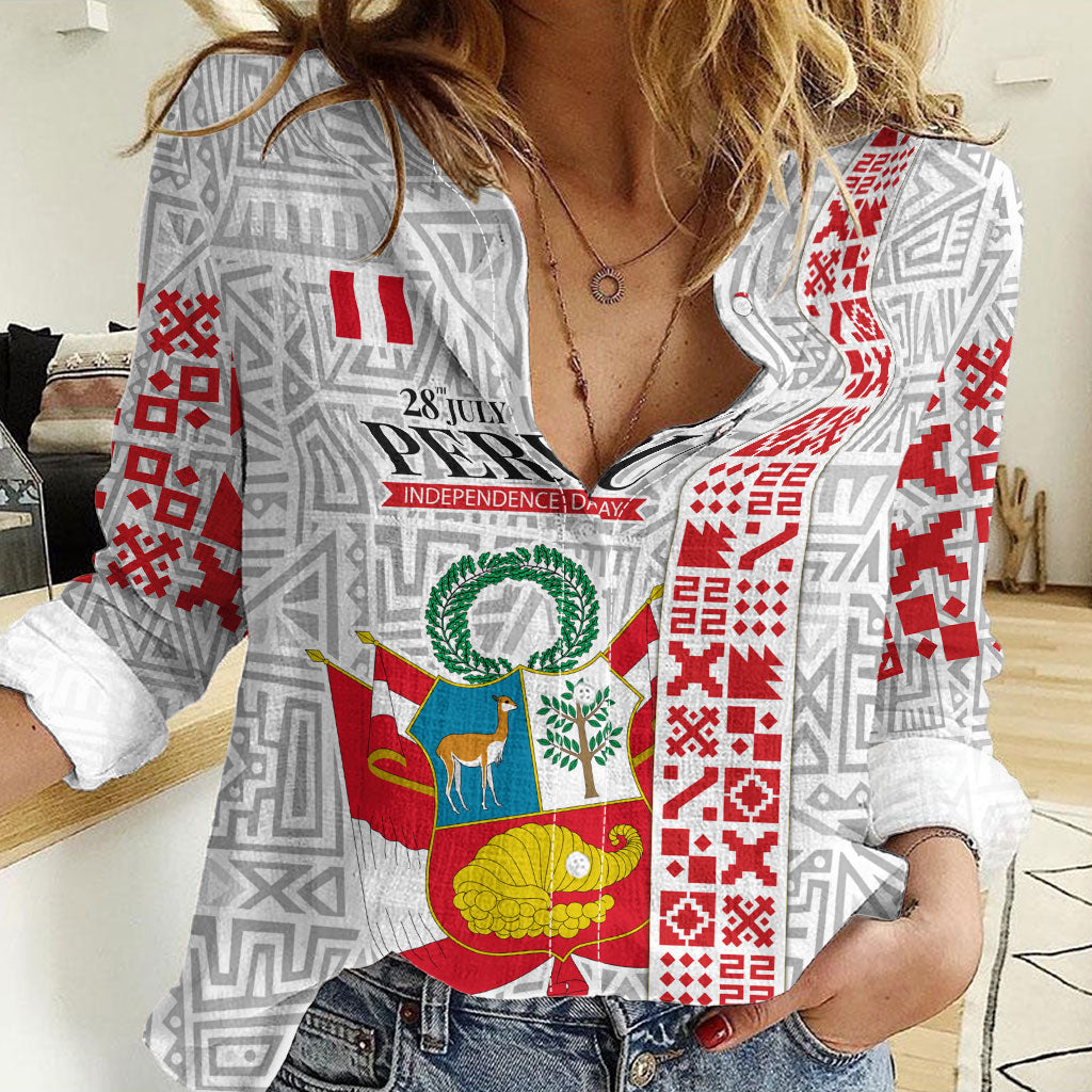Peru Independence Day Women Casual Shirt Peruvian Flag Coat of Arms Inca Pattern