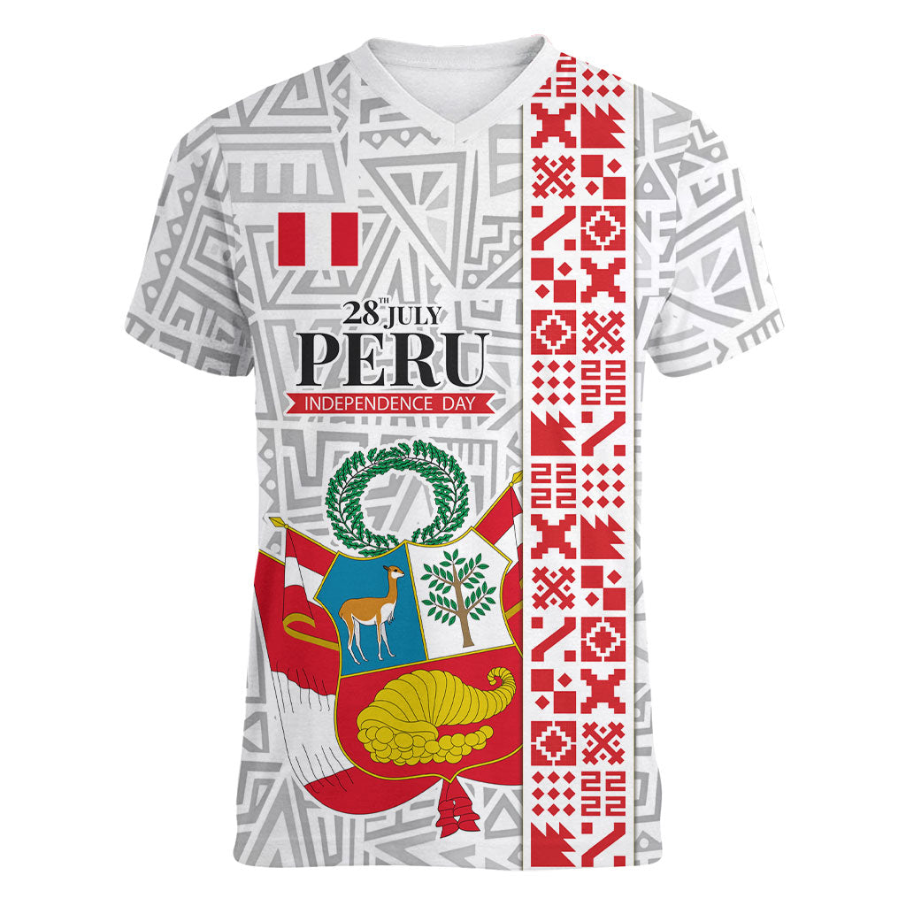 Peru Independence Day Women V-Neck T-Shirt Peruvian Flag Coat of Arms Inca Pattern