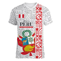 Peru Independence Day Women V-Neck T-Shirt Peruvian Flag Coat of Arms Inca Pattern