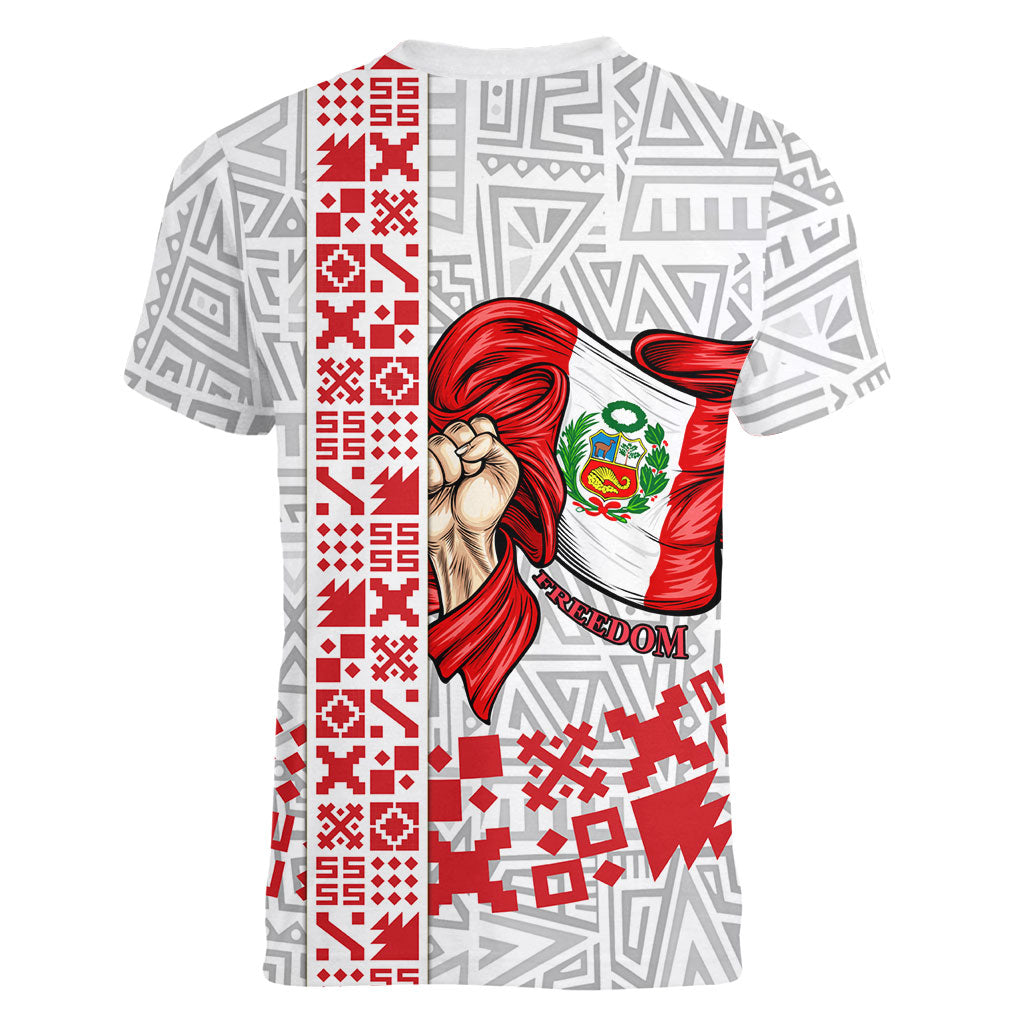 Peru Independence Day Women V-Neck T-Shirt Peruvian Flag Coat of Arms Inca Pattern