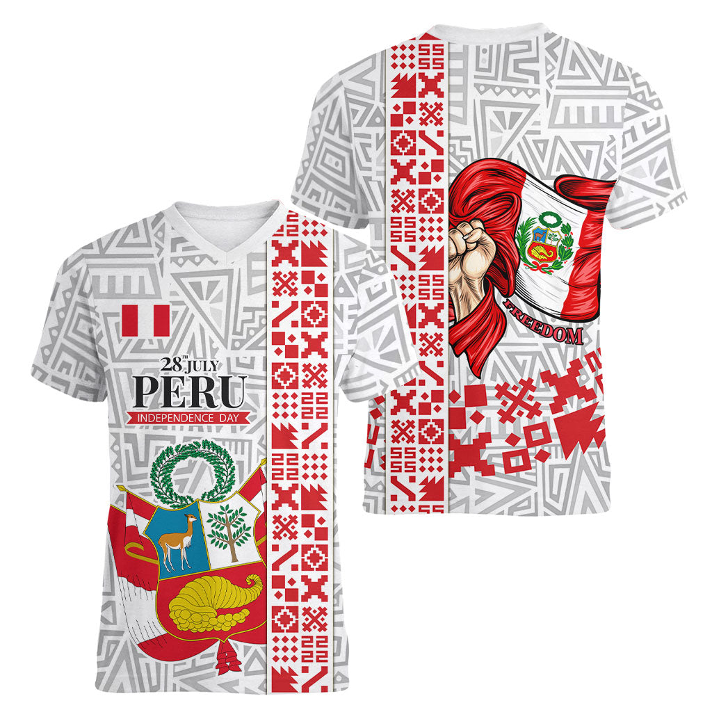Peru Independence Day Women V-Neck T-Shirt Peruvian Flag Coat of Arms Inca Pattern