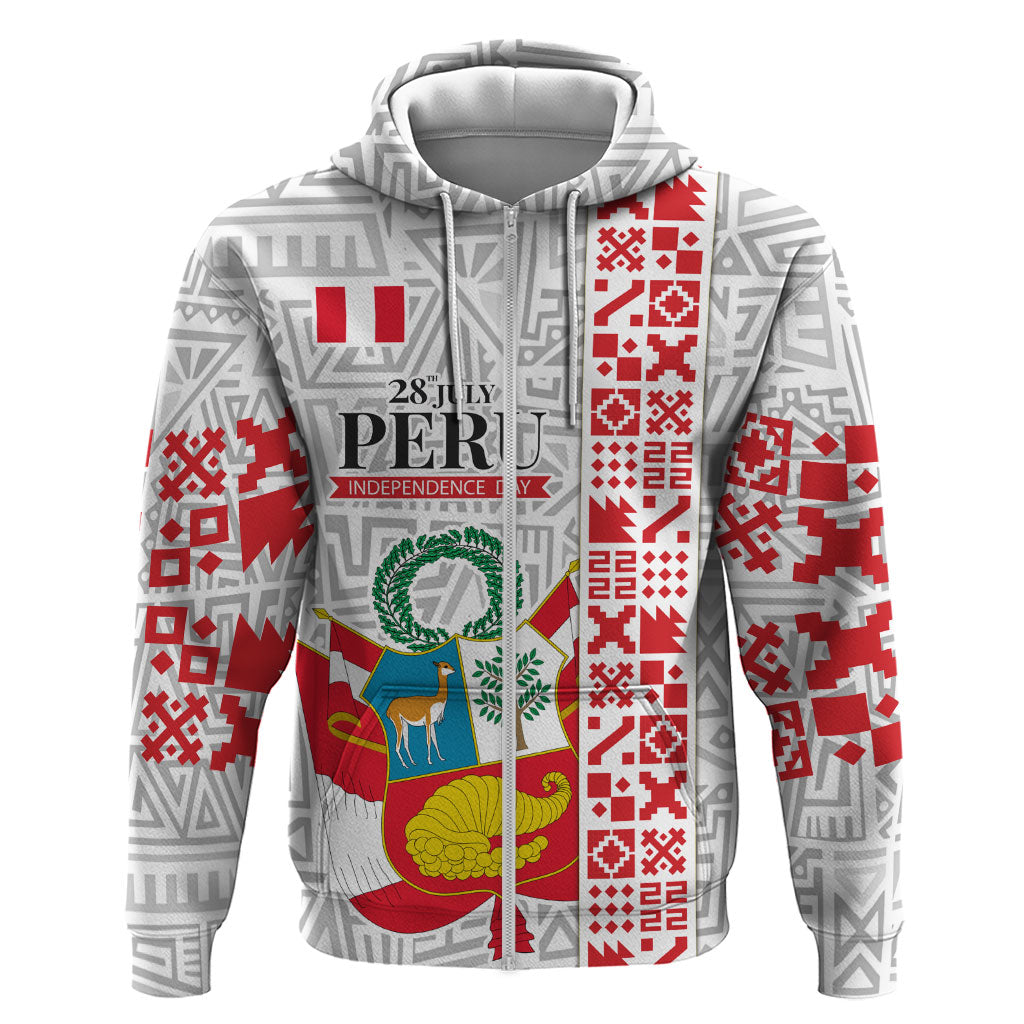 Peru Independence Day Zip Hoodie Peruvian Flag Coat of Arms Inca Pattern