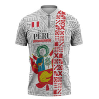 Peru Independence Day Zipper Polo Shirt Peruvian Flag Coat of Arms Inca Pattern