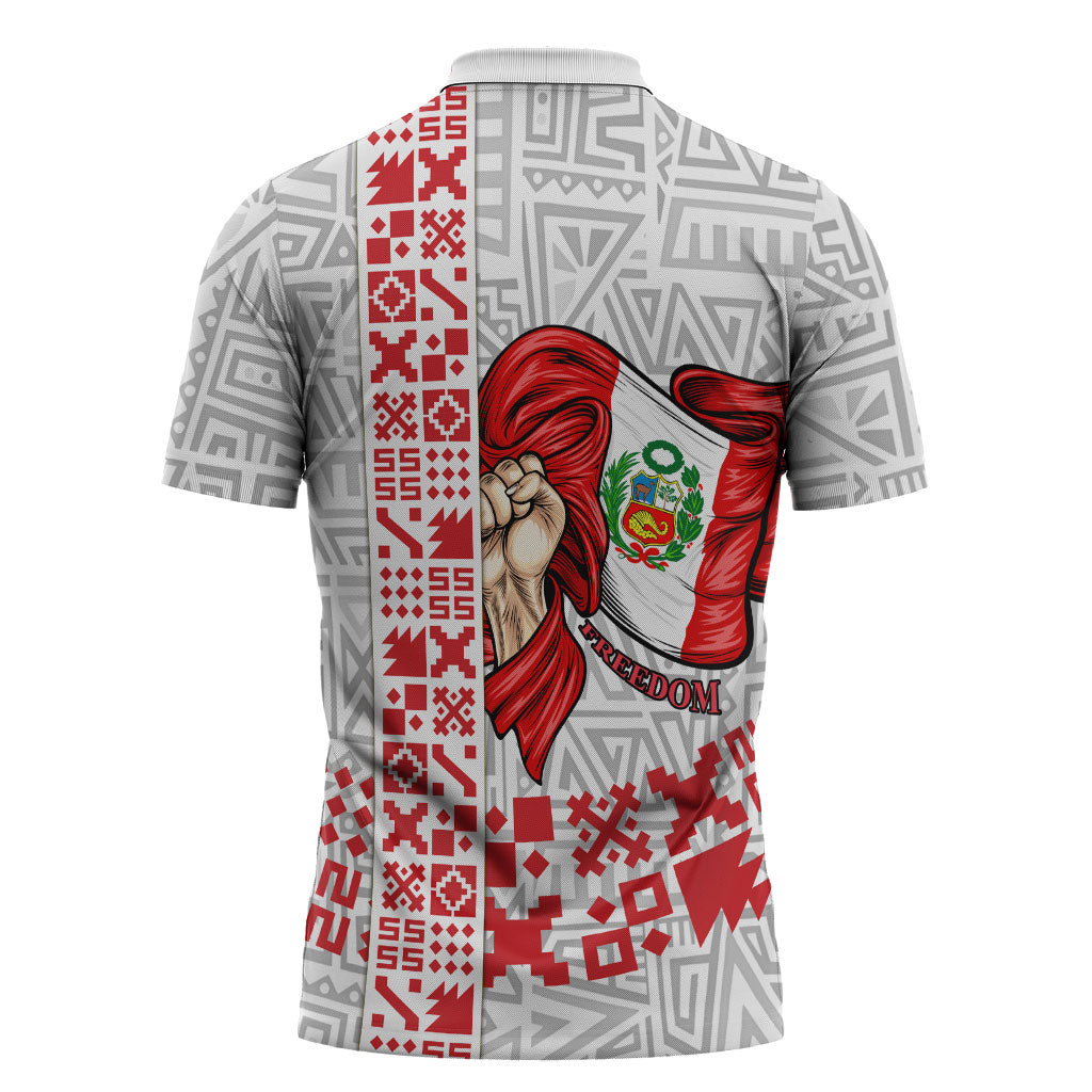 Peru Independence Day Zipper Polo Shirt Peruvian Flag Coat of Arms Inca Pattern