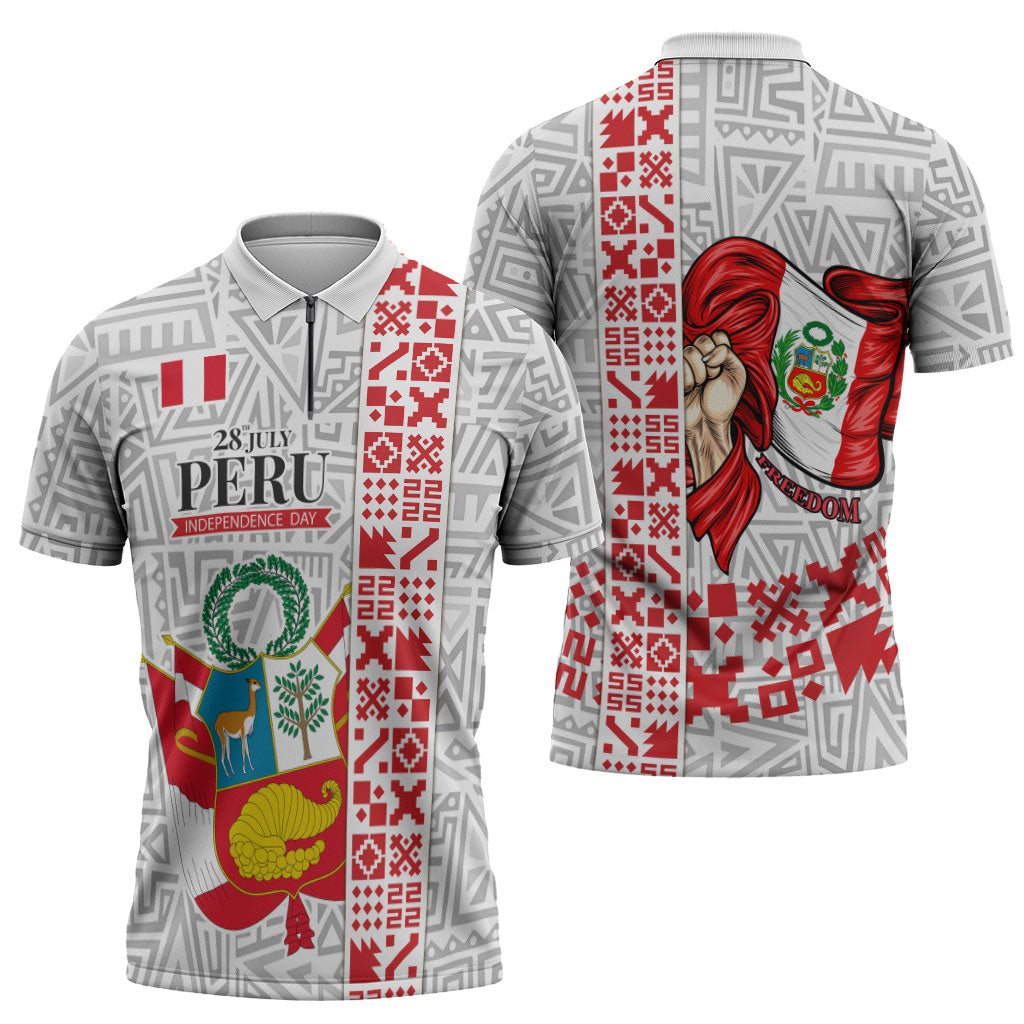 Peru Independence Day Zipper Polo Shirt Peruvian Flag Coat of Arms Inca Pattern