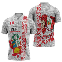 Peru Independence Day Zipper Polo Shirt Peruvian Flag Coat of Arms Inca Pattern