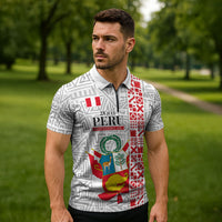 Peru Independence Day Zipper Polo Shirt Peruvian Flag Coat of Arms Inca Pattern