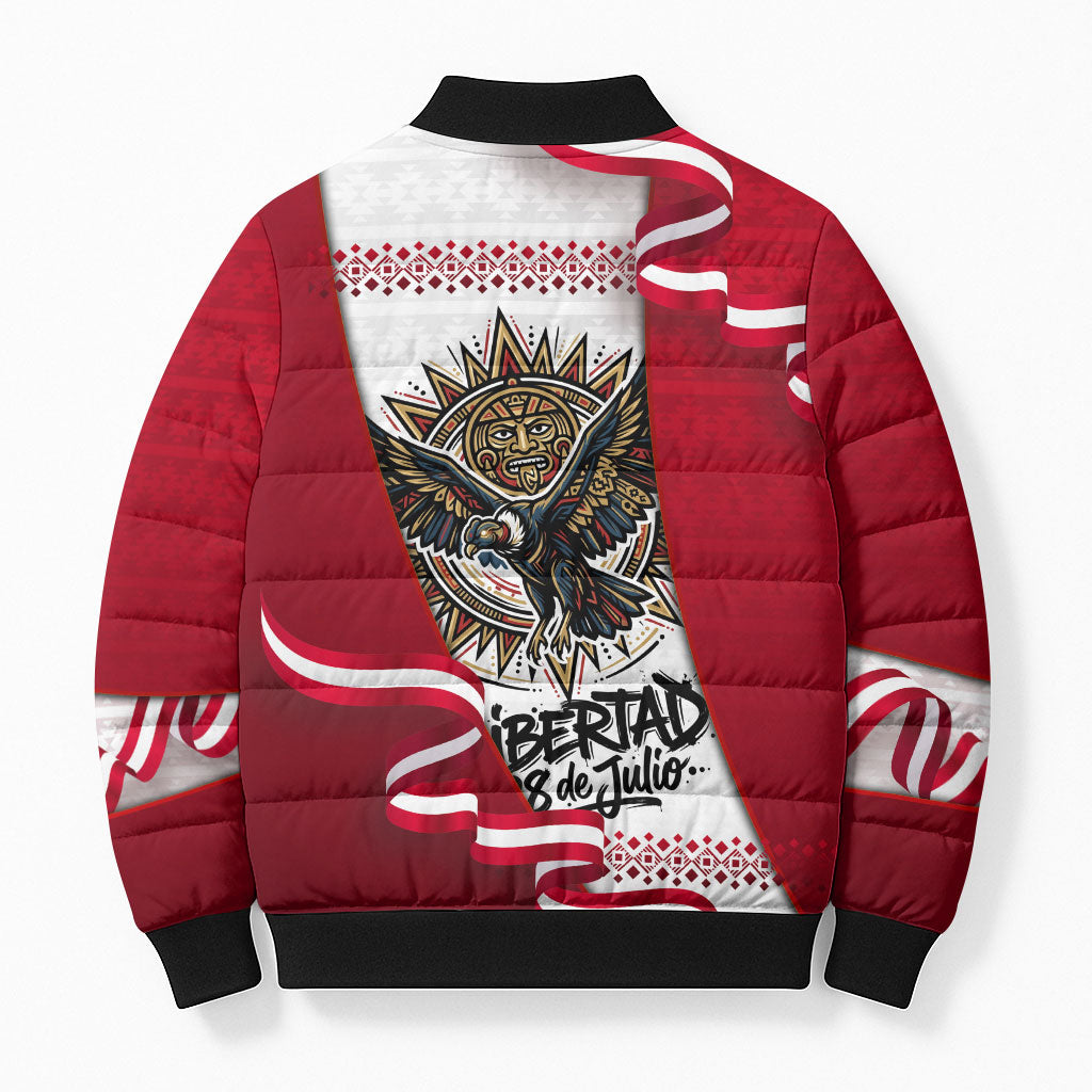 Somos Peru Independence Day Bomber Puffer Jacket Inti Sun God Andean Condor Tribal