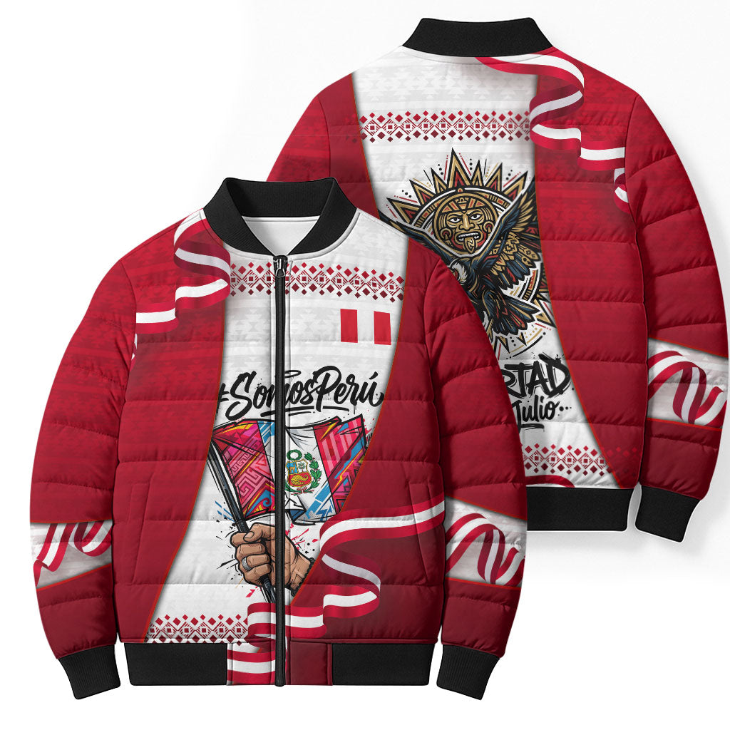 Somos Peru Independence Day Bomber Puffer Jacket Inti Sun God Andean Condor Tribal