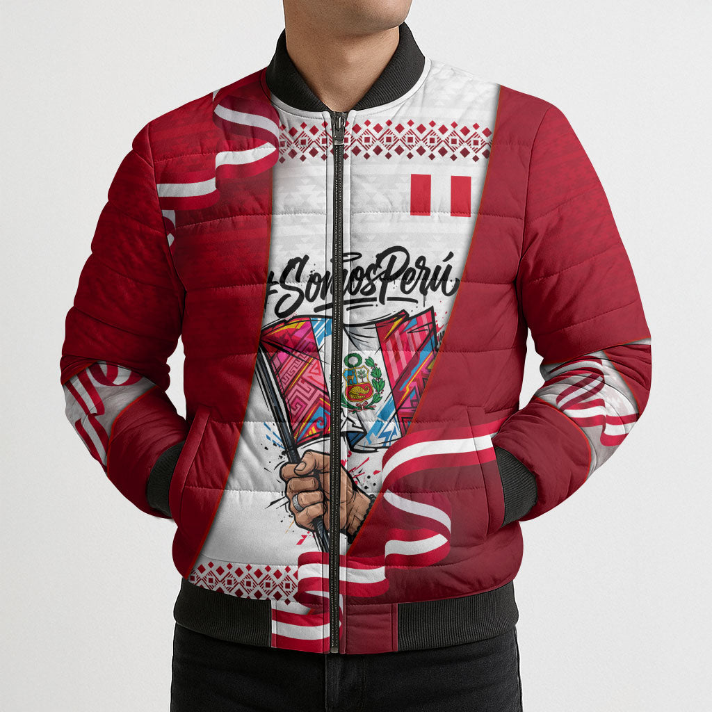 Somos Peru Independence Day Bomber Puffer Jacket Inti Sun God Andean Condor Tribal