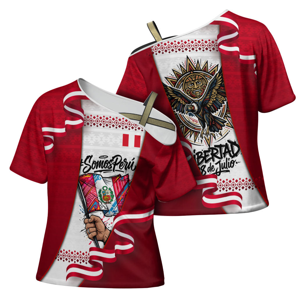 Somos Peru Independence Day Cross Shoulder Shirt Inti Sun God Andean Condor Tribal