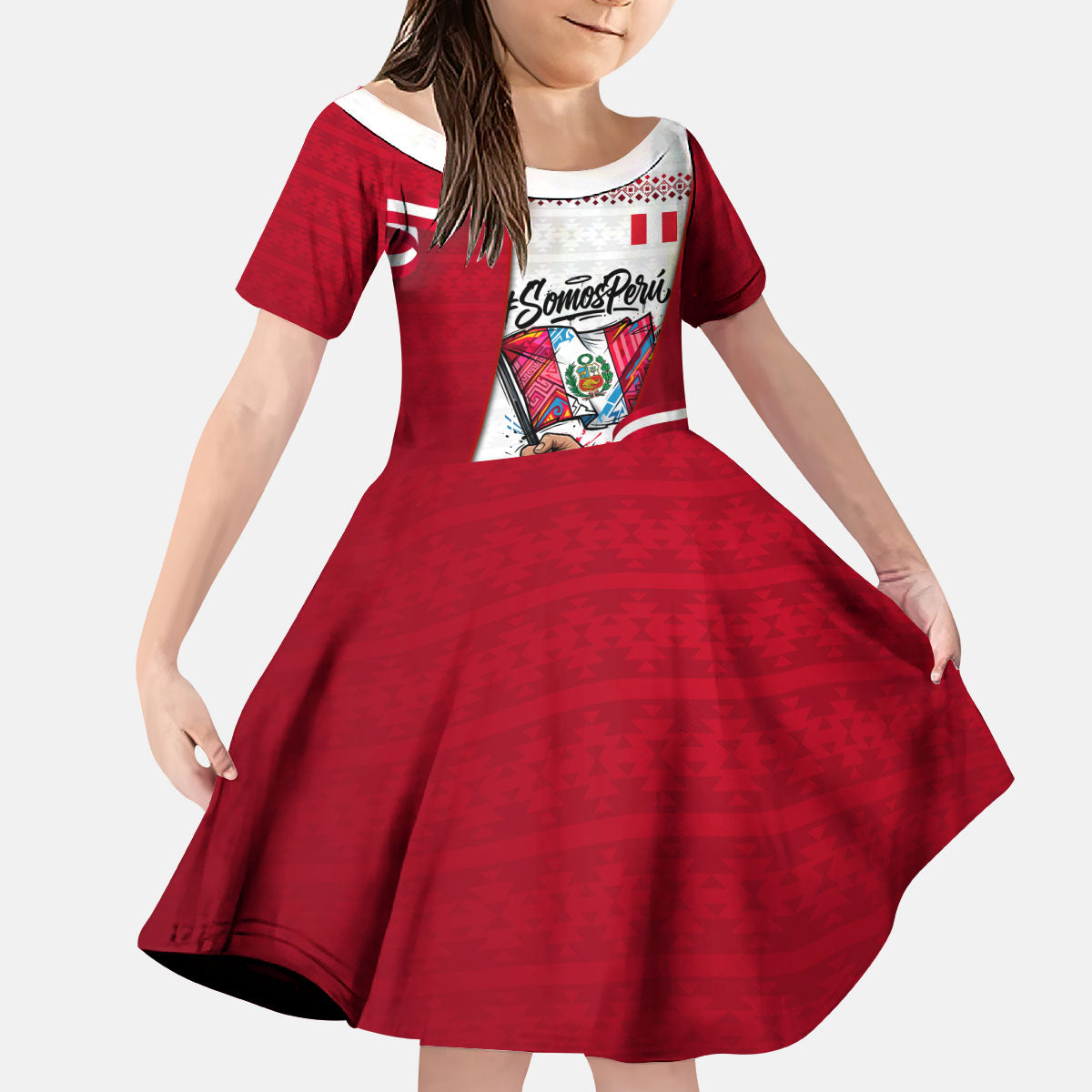 Somos Peru Independence Day Kid Short Sleeve Dress Inti Sun God Andean Condor Tribal