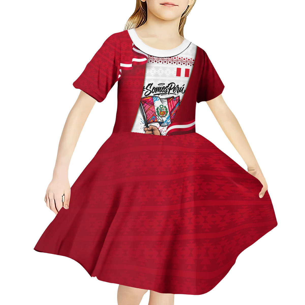 Somos Peru Independence Day Kid Short Sleeve Dress Inti Sun God Andean Condor Tribal