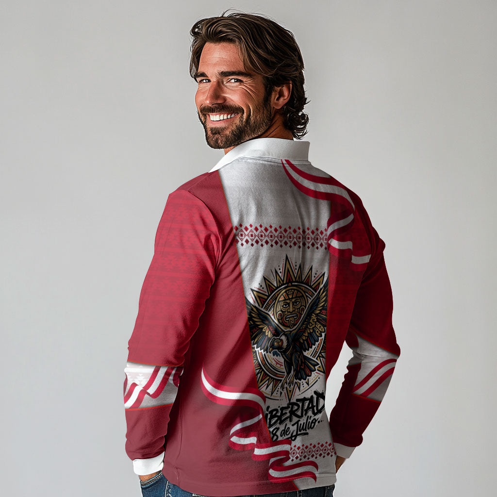 Somos Peru Independence Day Long Sleeve Polo Shirt Inti Sun God Andean Condor Tribal