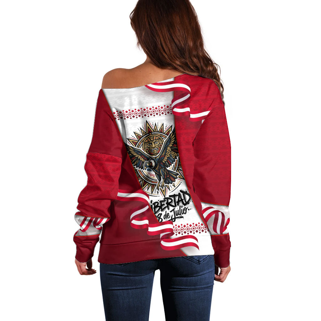 Somos Peru Independence Day Off Shoulder Sweater Inti Sun God Andean Condor Tribal