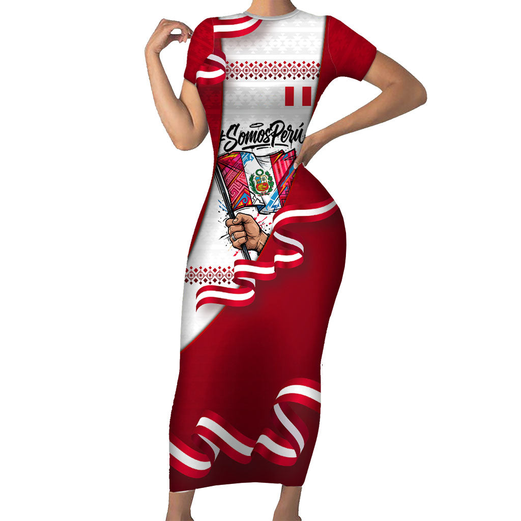 Somos Peru Independence Day Short Sleeve Bodycon Dress Inti Sun God Andean Condor Tribal