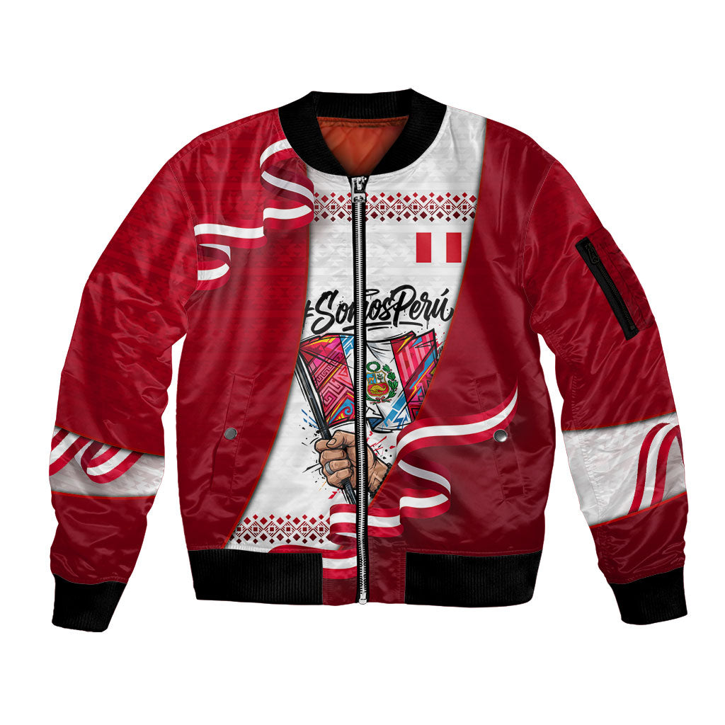 Somos Peru Independence Day Sleeve Zip Bomber Jacket Inti Sun God Andean Condor Tribal