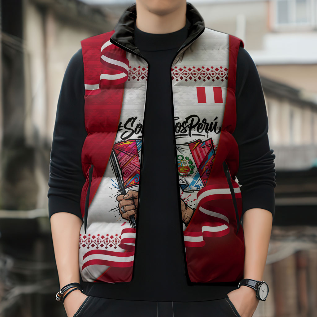 Somos Peru Independence Day Sleeveless Puffer Jacket Inti Sun God Andean Condor Tribal