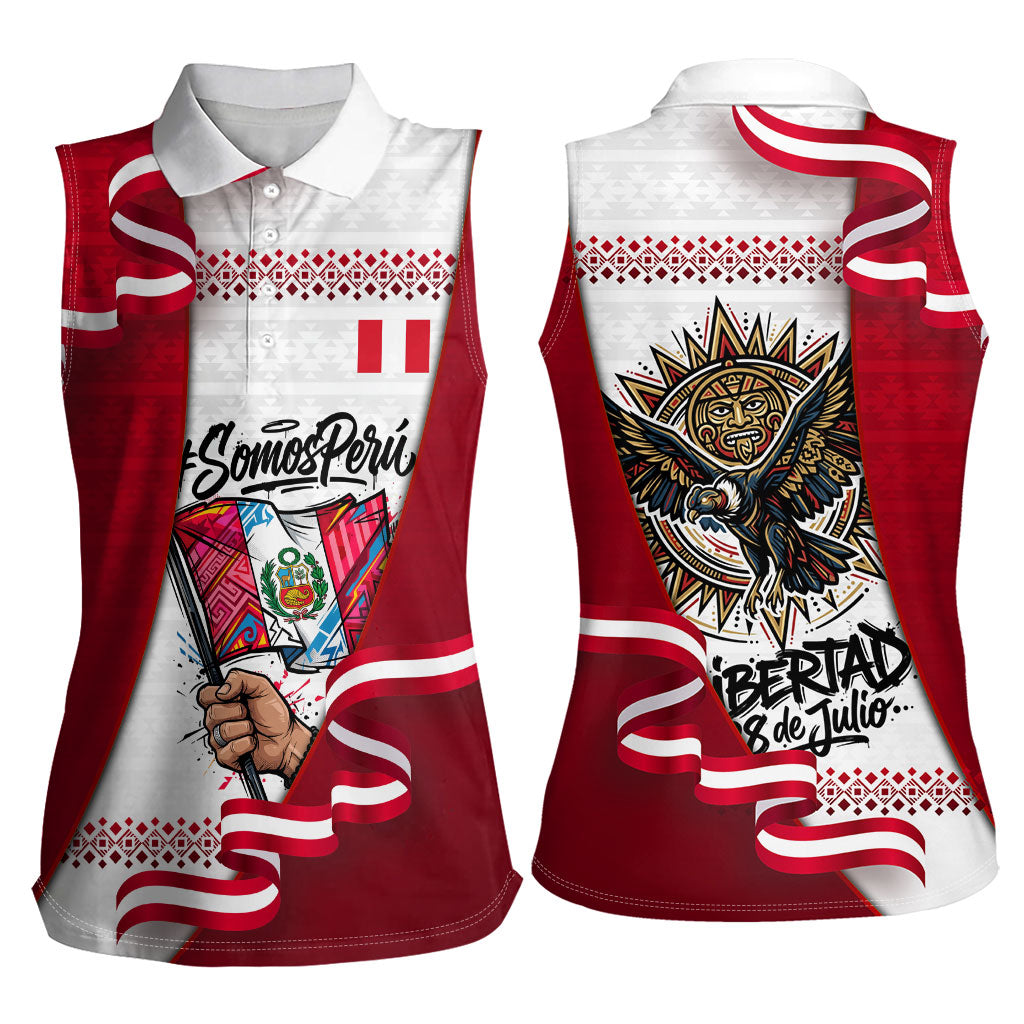 Somos Peru Independence Day Women Sleeveless Polo Shirt Inti Sun God Andean Condor Tribal