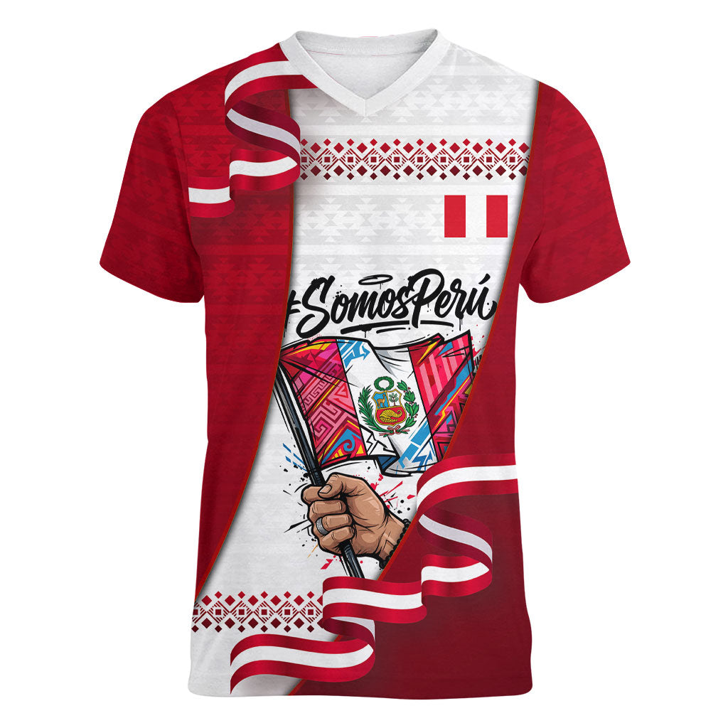 Somos Peru Independence Day Women V-Neck T-Shirt Inti Sun God Andean Condor Tribal