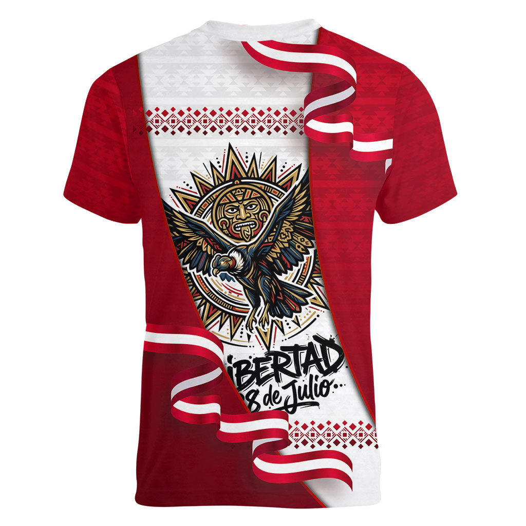 Somos Peru Independence Day Women V-Neck T-Shirt Inti Sun God Andean Condor Tribal