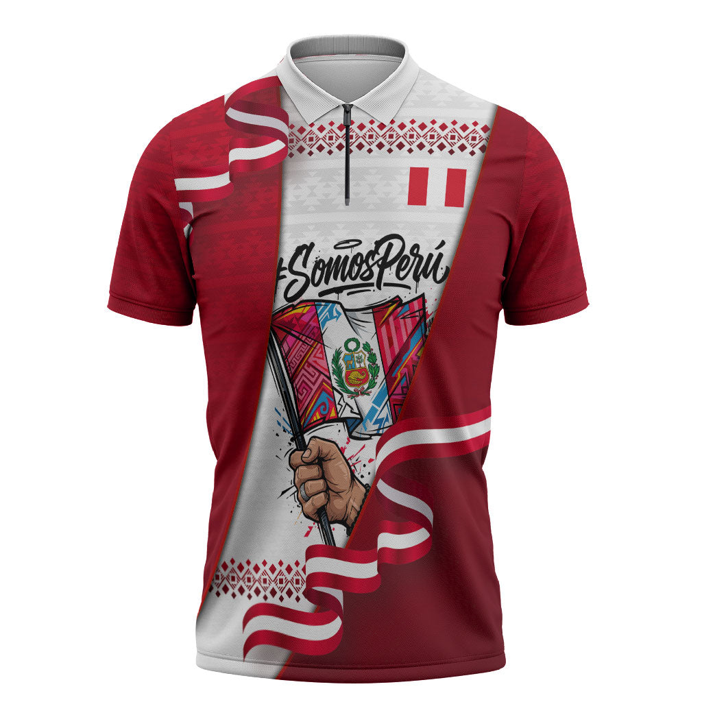 Somos Peru Independence Day Zipper Polo Shirt Inti Sun God Andean Condor Tribal