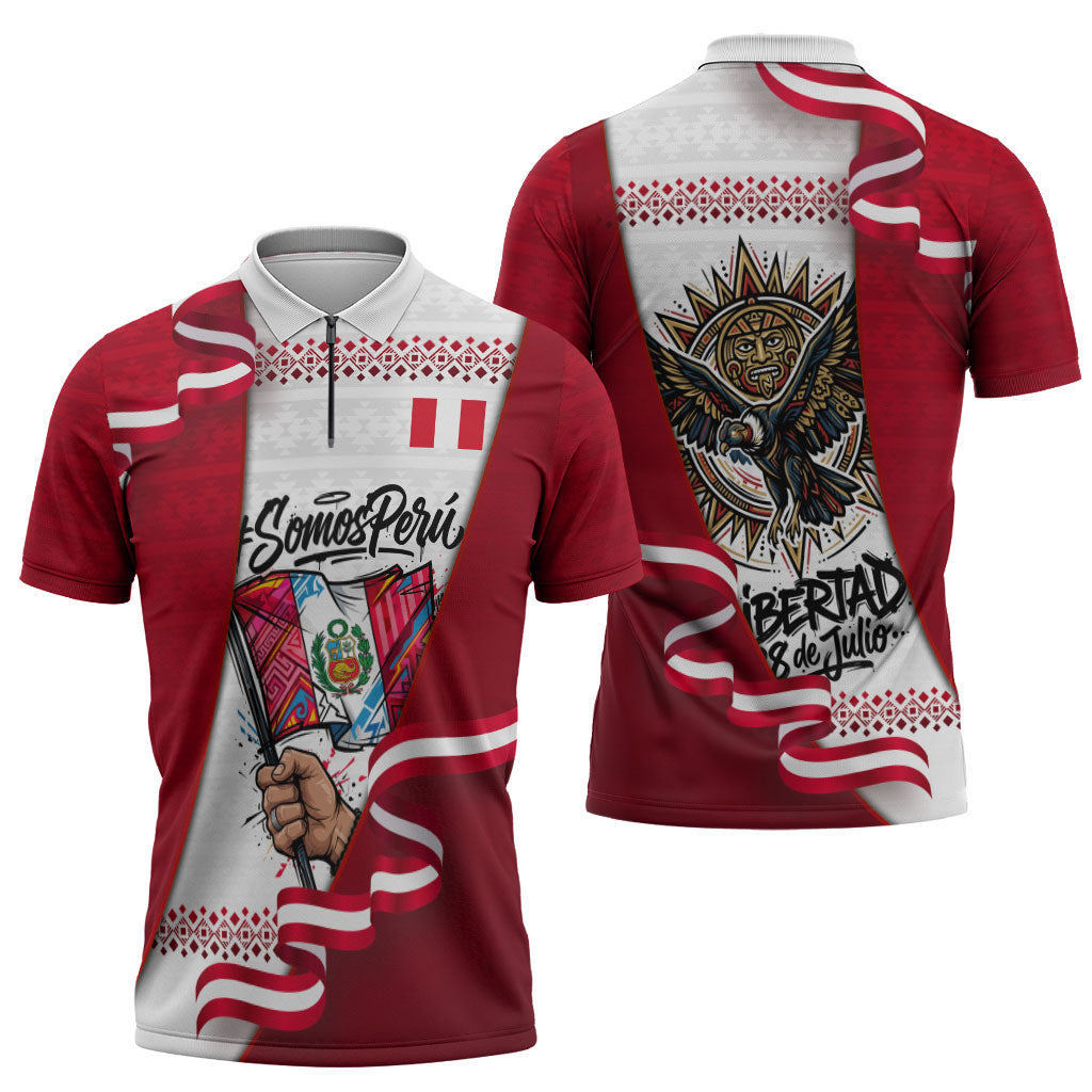 Somos Peru Independence Day Zipper Polo Shirt Inti Sun God Andean Condor Tribal