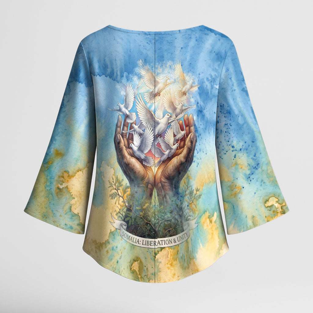 Somalia Liberation Unity Kimono Sleeve Blouse Soomaaliya Script Peace Dove Watercolor