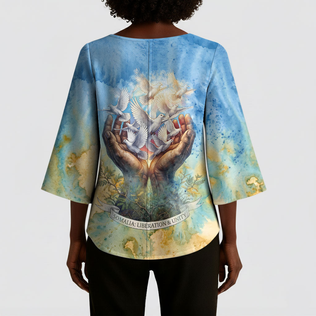 Somalia Liberation Unity Kimono Sleeve Blouse Soomaaliya Script Peace Dove Watercolor