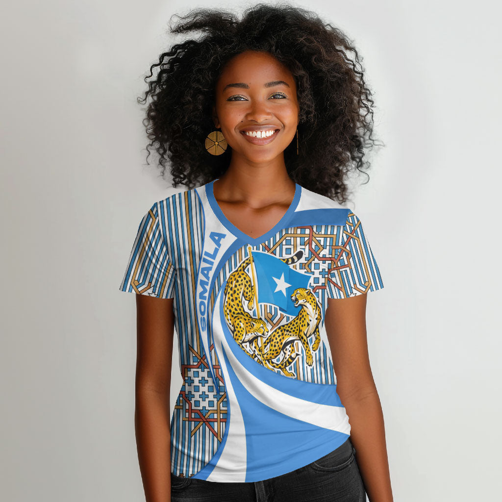 Somalia Freedom Independence Women V-Neck T-Shirt Leopard Flag Power Fist