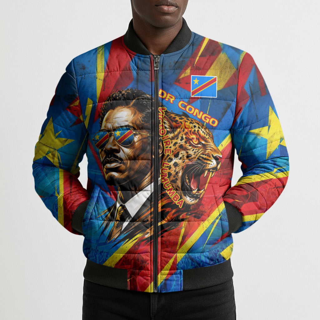 DR Congo Patrice Lumumba Football Victory Bomber Puffer Jacket African Pride Leopard And Flag