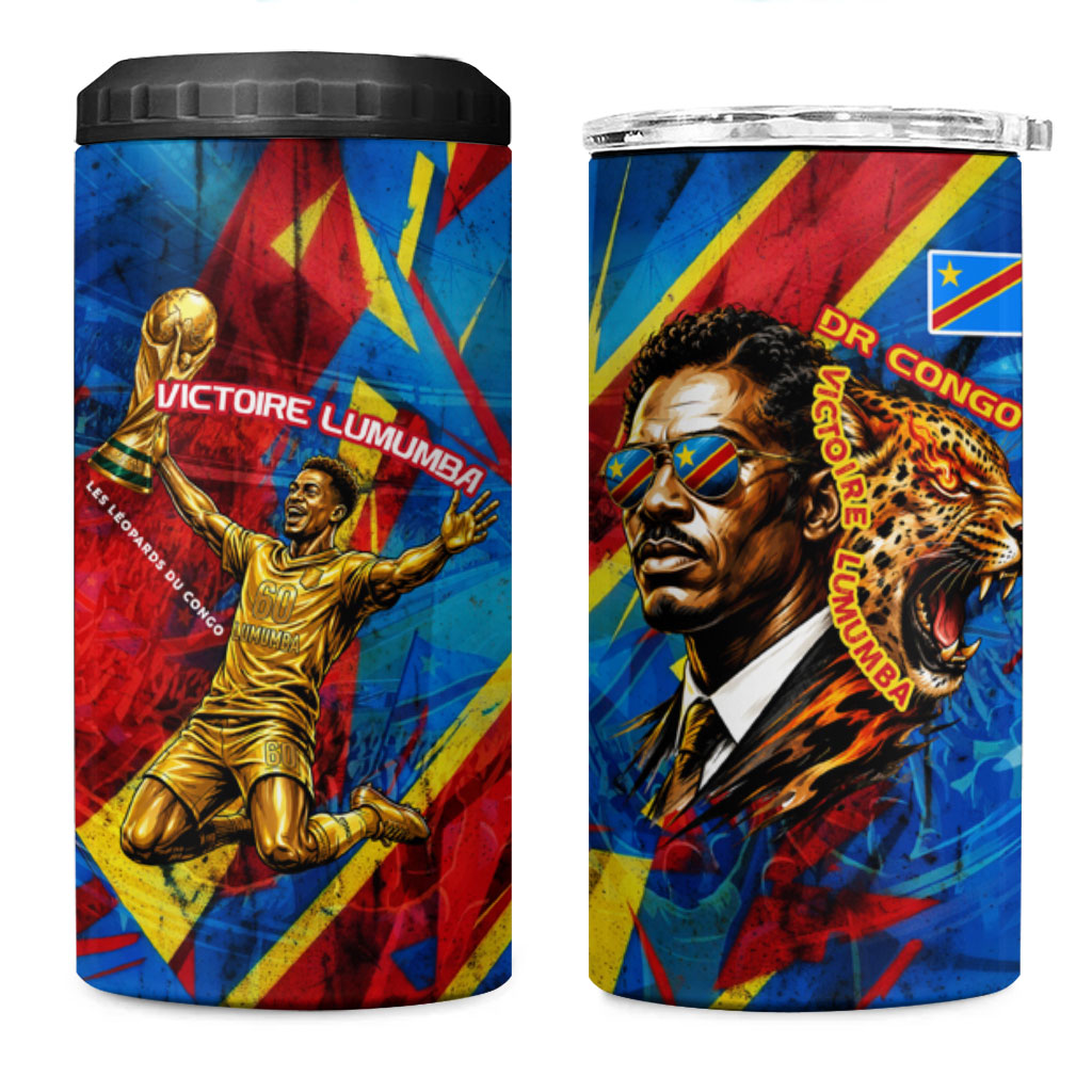 DR Congo Patrice Lumumba Football Victory 4 in 1 Can Cooler Tumbler African Pride Leopard And Flag