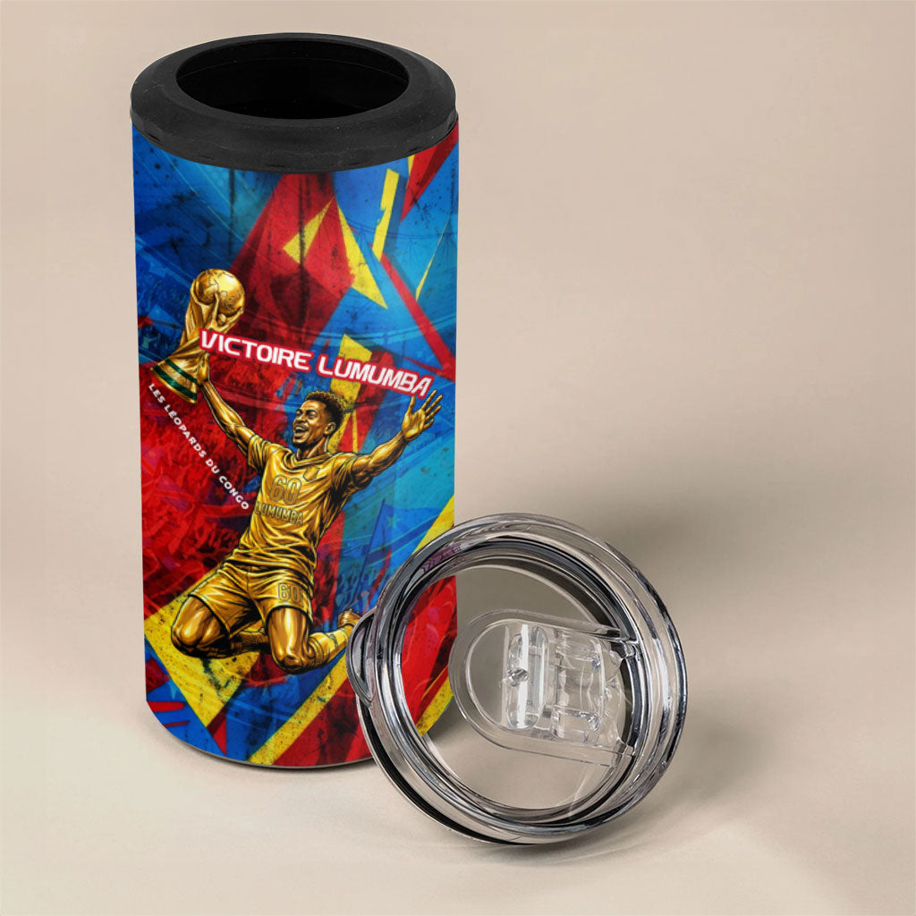 DR Congo Patrice Lumumba Football Victory 4 in 1 Can Cooler Tumbler African Pride Leopard And Flag