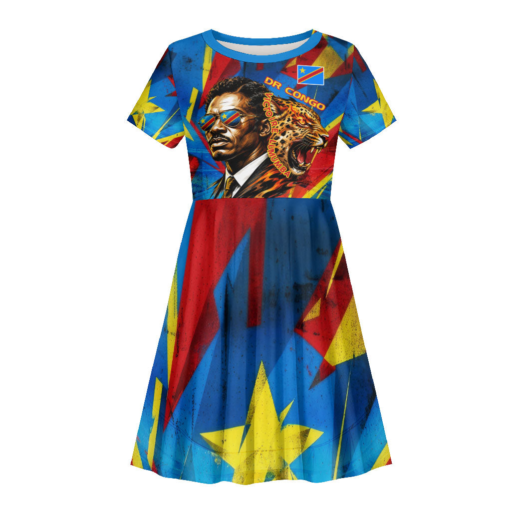 DR Congo Patrice Lumumba Football Victory Kid Short Sleeve Dress African Pride Leopard And Flag