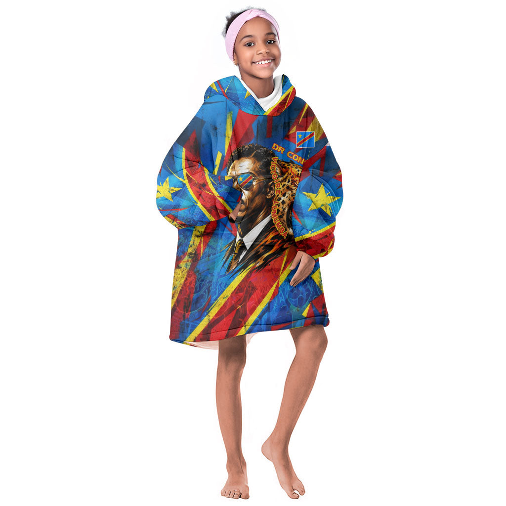DR Congo Patrice Lumumba Football Victory Kid Wearable Blanket Hoodie African Pride Leopard And Flag