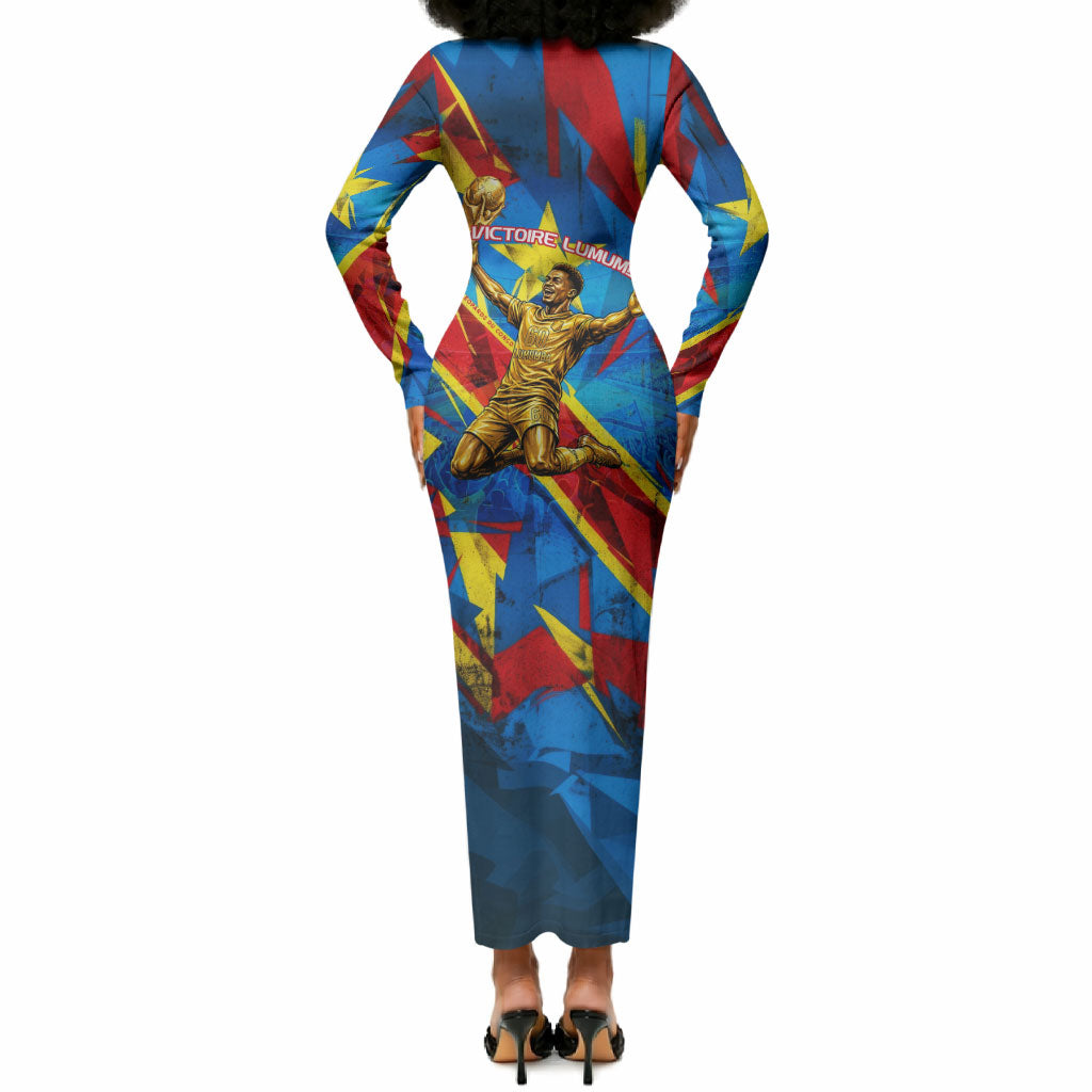DR Congo Patrice Lumumba Football Victory Long Sleeve Bodycon Dress African Pride Leopard And Flag