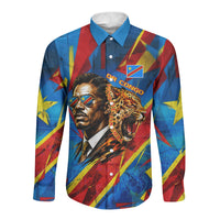 DR Congo Patrice Lumumba Football Victory Long Sleeve Button Shirt African Pride Leopard And Flag