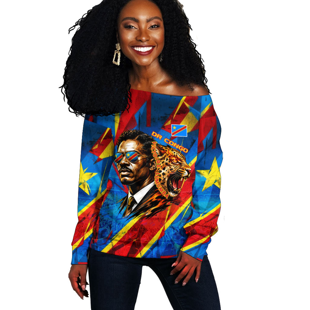 DR Congo Patrice Lumumba Football Victory Off Shoulder Sweater African Pride Leopard And Flag