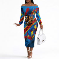 DR Congo Patrice Lumumba Football Victory Off The Shoulder Long Sleeve Dress African Pride Leopard And Flag