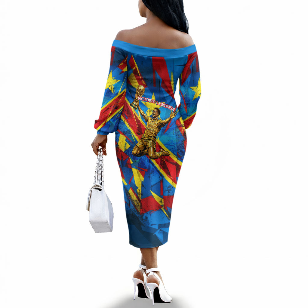 DR Congo Patrice Lumumba Football Victory Off The Shoulder Long Sleeve Dress African Pride Leopard And Flag