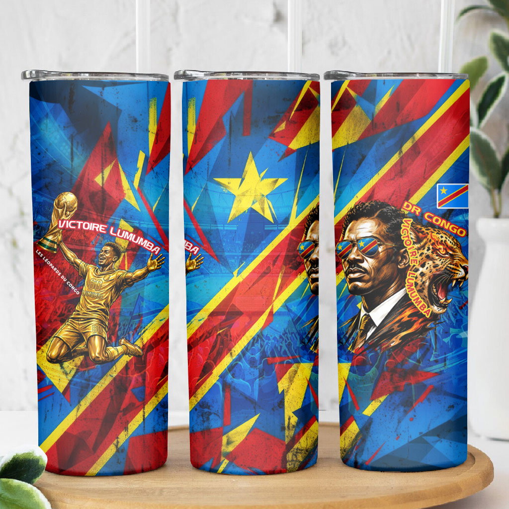 DR Congo Patrice Lumumba Football Victory Skinny Tumbler African Pride Leopard And Flag
