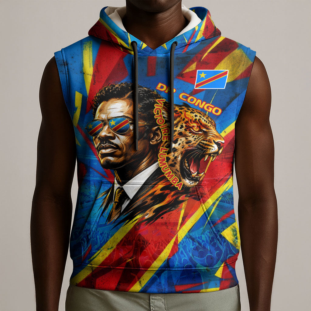 DR Congo Patrice Lumumba Football Victory Sleeveless Hoodie African Pride Leopard And Flag