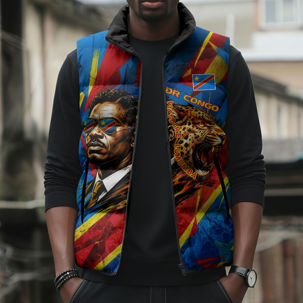 DR Congo Patrice Lumumba Football Victory Sleeveless Puffer Jacket African Pride Leopard And Flag