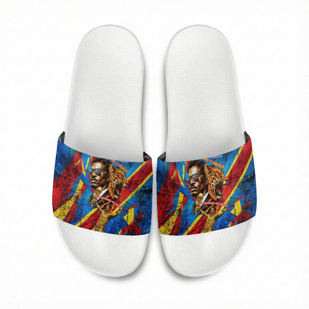 DR Congo Patrice Lumumba Football Victory Slide Sandals African Pride Leopard And Flag