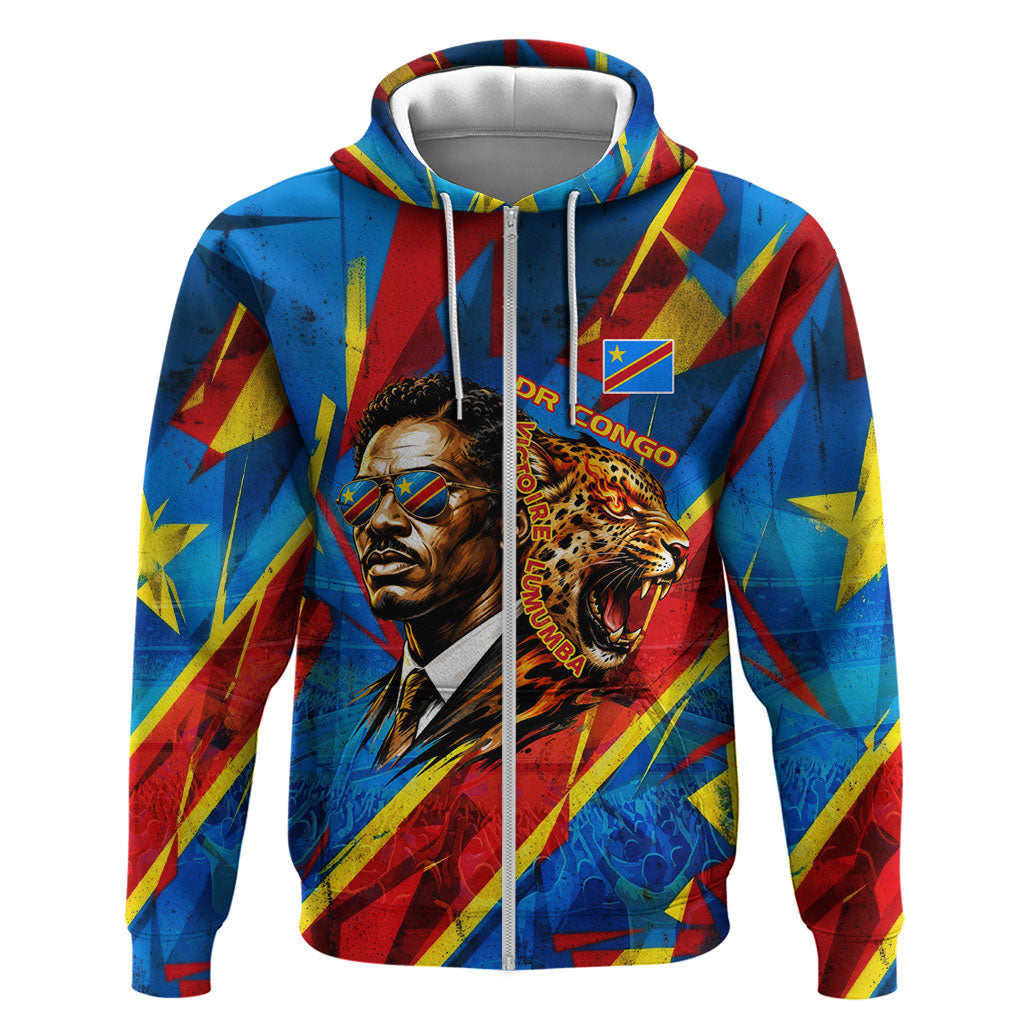 DR Congo Patrice Lumumba Football Victory Zip Hoodie African Pride Leopard And Flag