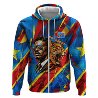 DR Congo Patrice Lumumba Football Victory Zip Hoodie African Pride Leopard And Flag