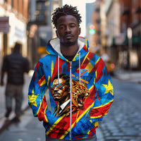 DR Congo Patrice Lumumba Football Victory Zip Hoodie African Pride Leopard And Flag