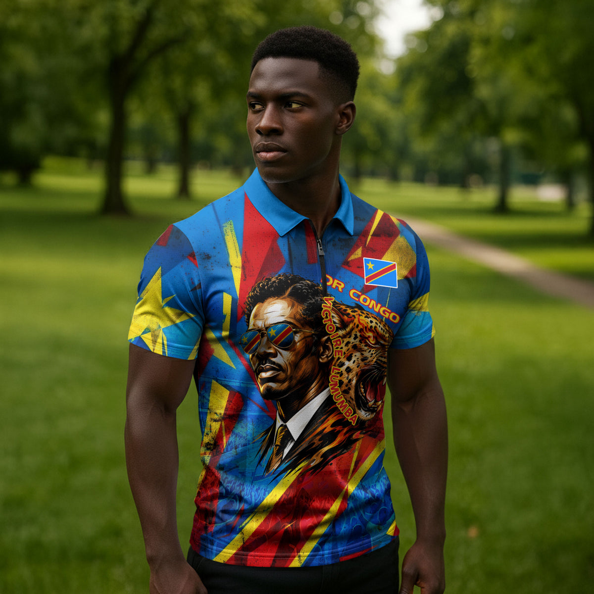 DR Congo Patrice Lumumba Football Victory Zipper Polo Shirt African Pride Leopard And Flag