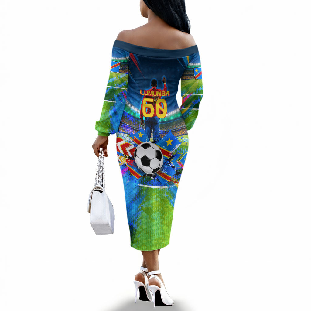 DR Congo Patrice Lumumba Off The Shoulder Long Sleeve Dress Kinshasa Stadium Flag - King Of Kinshasa Football