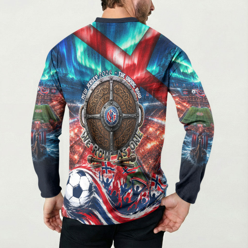 Norway Football Viking Row Button Sweatshirt Viking Shield Aurora Borealis Dynamic Art